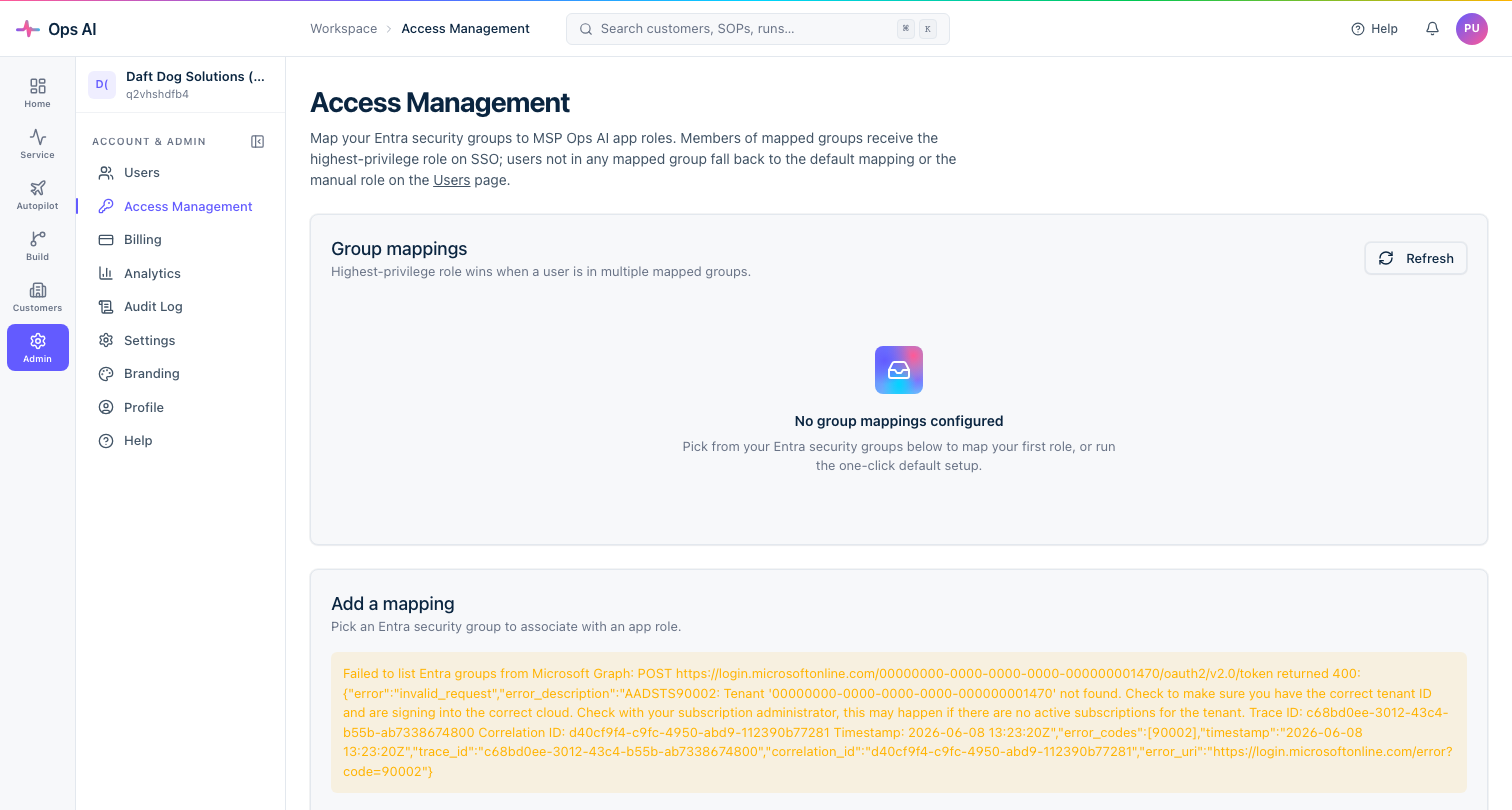 Access Management — four Entra group rows mapped to Owner, Admin, Member, and Viewer app roles with group object IDs and display names