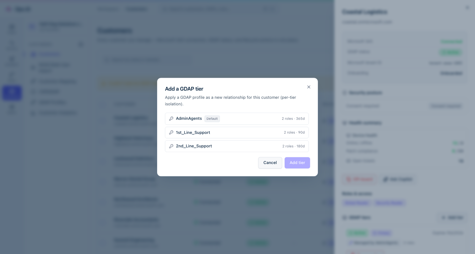 Add tier dialog — profile selector showing AdminAgents (Default), 1st_Line_Support, and role/duration metadata per option
