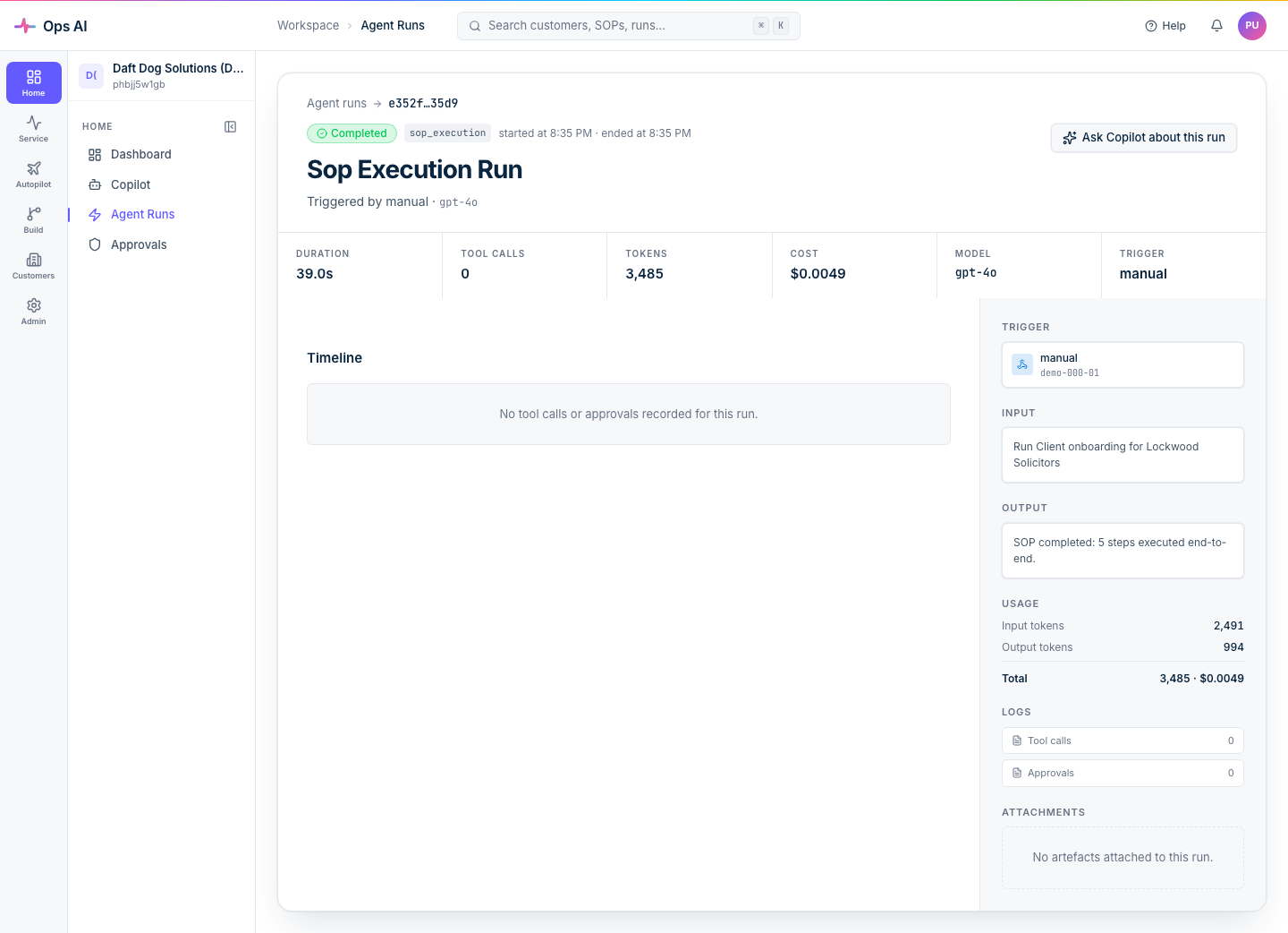 Agent run detail — timeline, tool calls, trigger input, output summary, token usage and cost