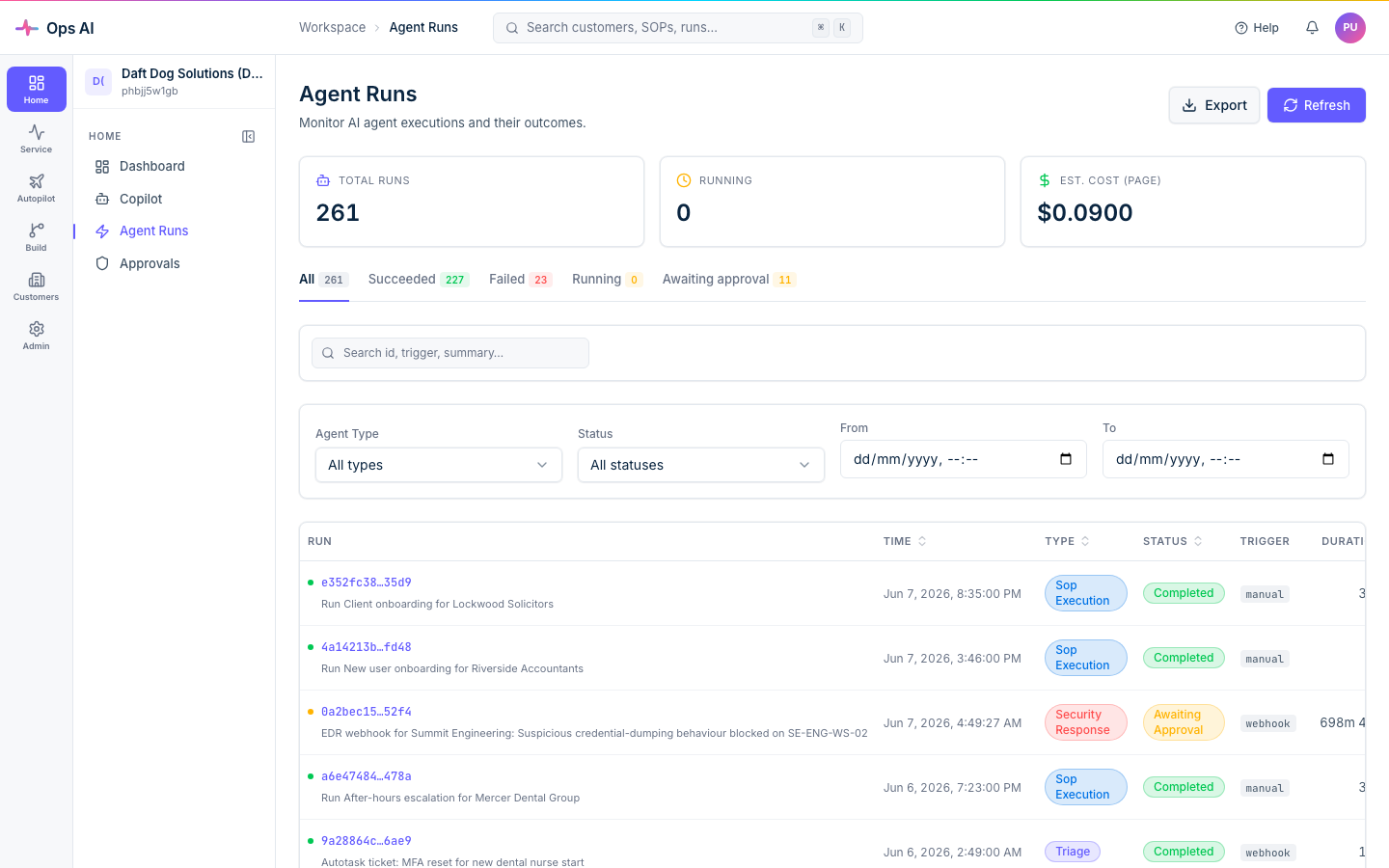 Agent Runs list — filterable list of every execution, with type, status, duration, tokens, and cost columns