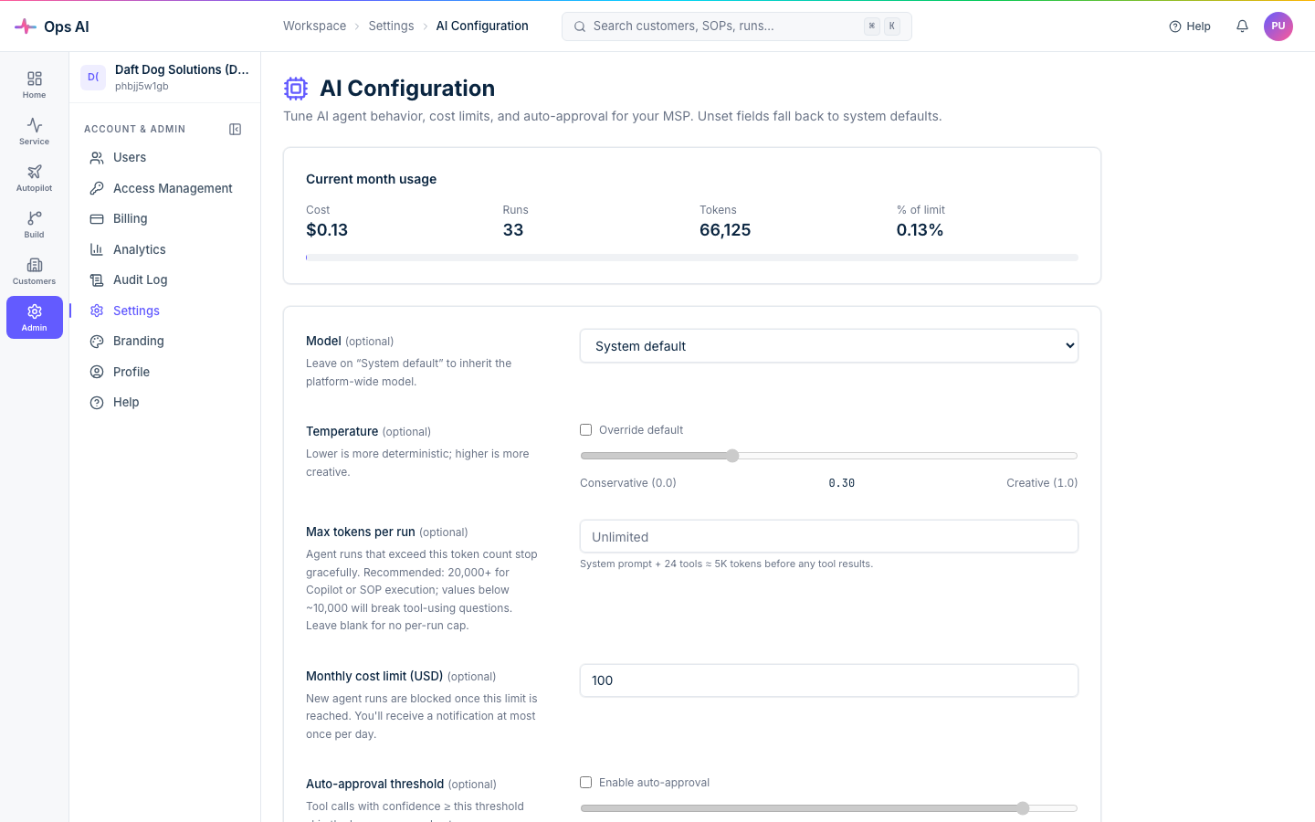 AI Configuration — current-month usage card, model selector, temperature slider, monthly cost limit, and auto-approval threshold