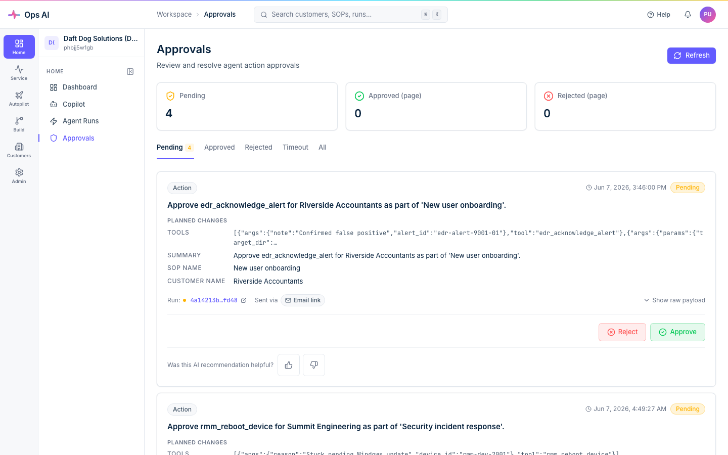 Approvals — pending action cards with planned changes (tools, summary, SOP, customer) plus Reject / Approve buttons