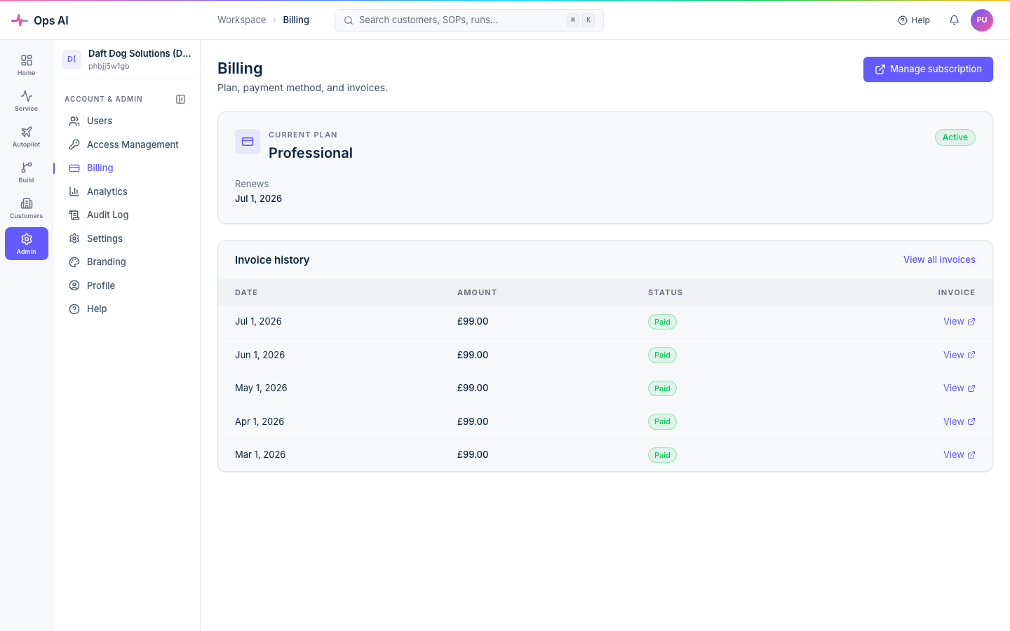 Billing — current plan card with renewal date, plus invoice history table showing date, amount, paid status, and per-invoice View link