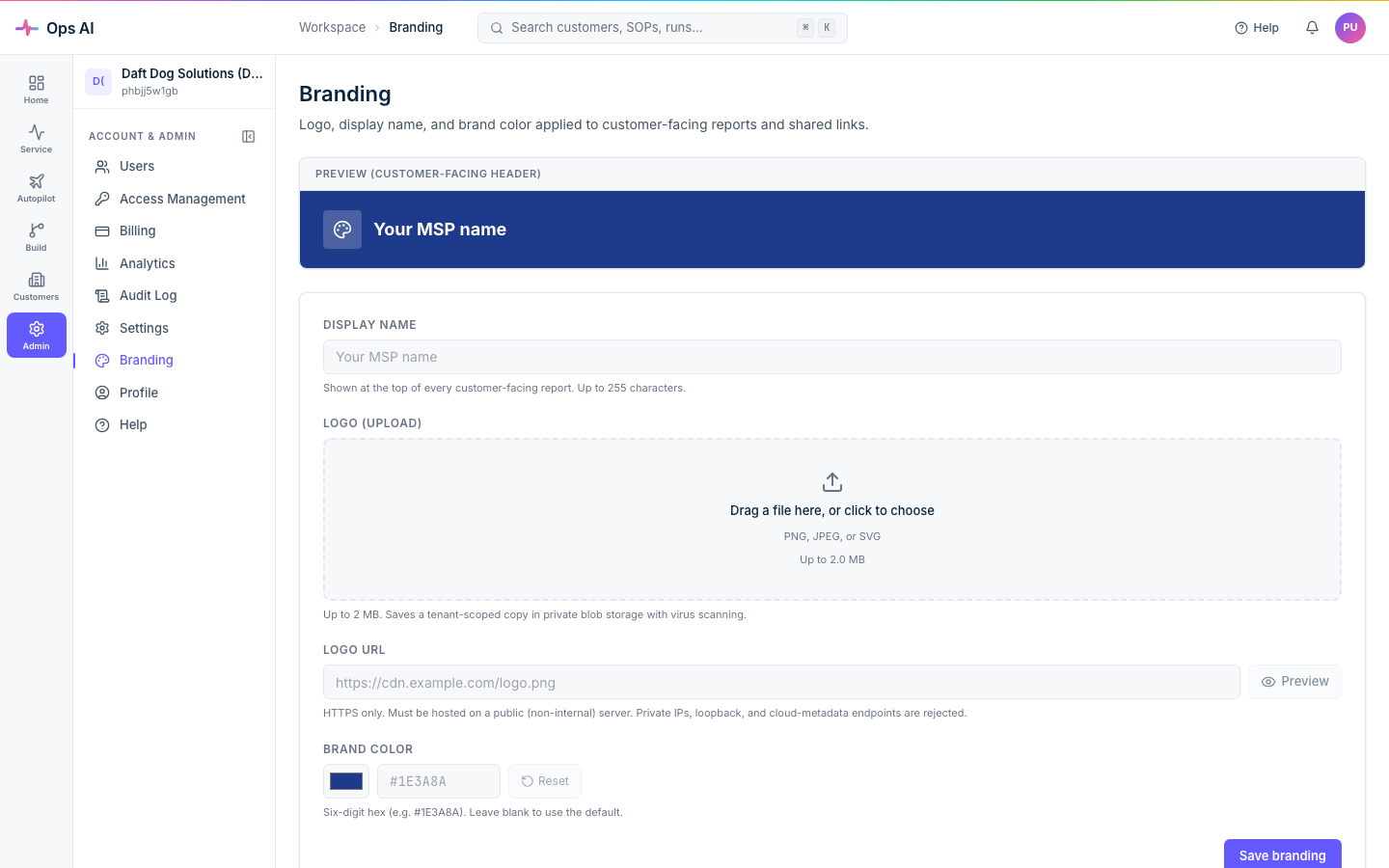 Branding — logo upload, primary colour picker, display name, and footer text, with a live preview of a branded report header