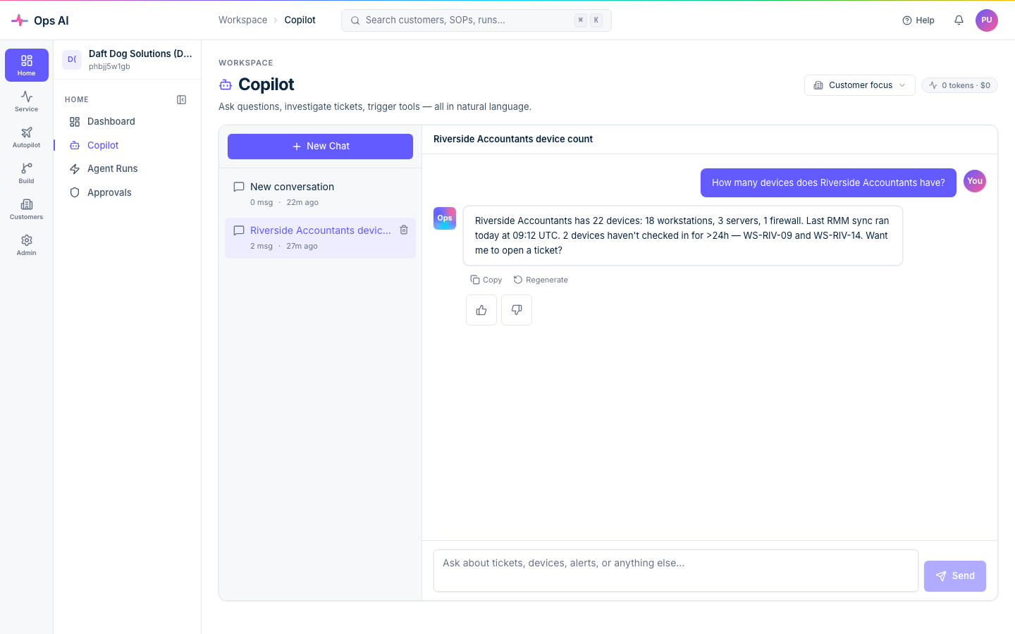 Copilot — natural-language question executes the get_customer_summary tool and returns the device count for Lockwood Solicitors, with per-conversation token + cost shown in the header