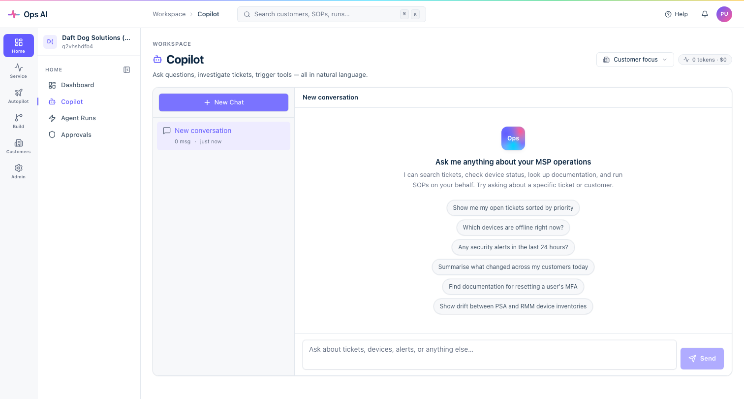 Copilot — chat interface ready for a Microsoft Graph question
