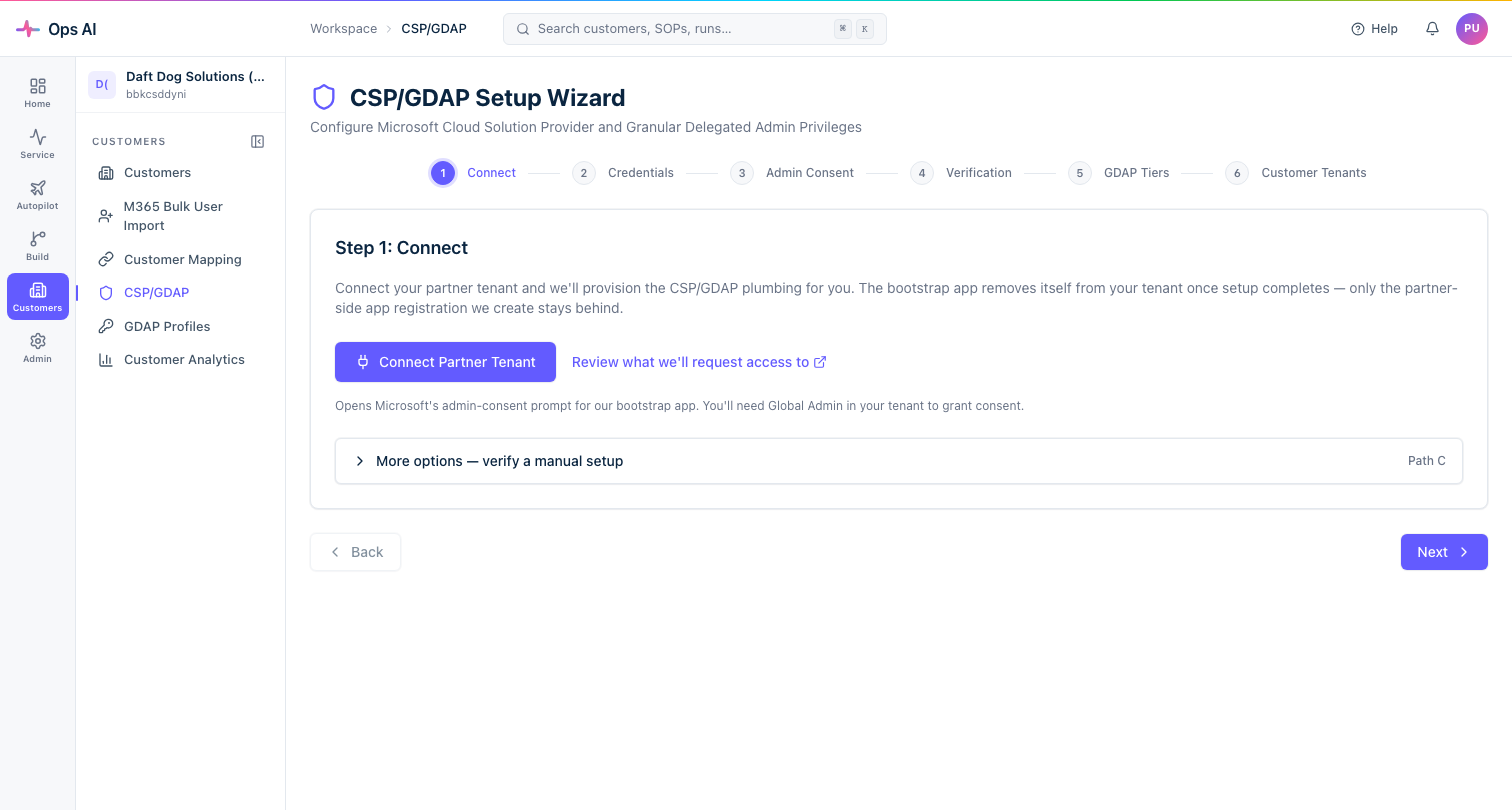 CSP/GDAP setup wizard — the partner-tenant connection step showing Path A (automated) and the Path C manual expander
