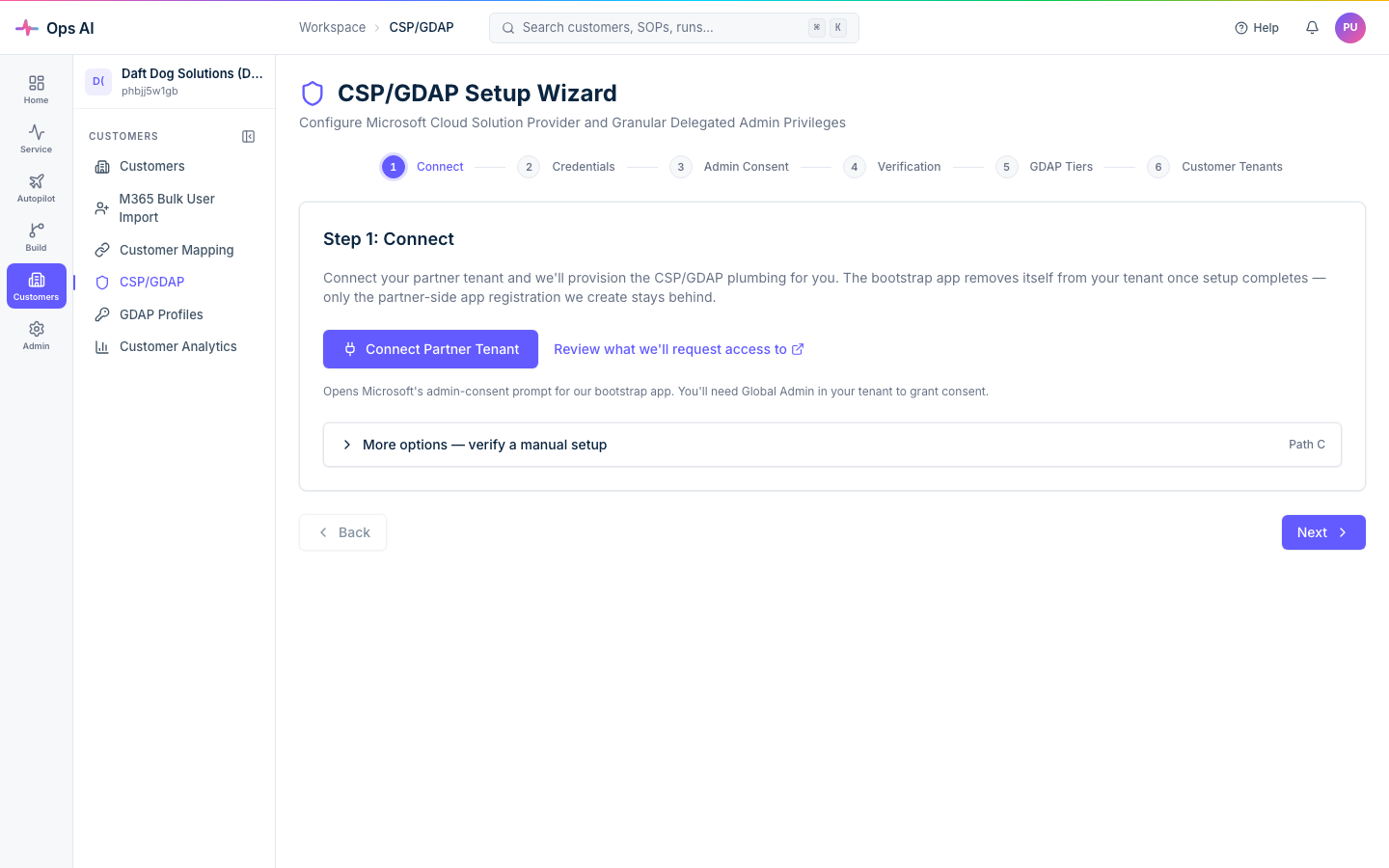 CSP/GDAP Setup Wizard — Step 1 of 5, with the primary Connect Partner Tenant button (Path A) and Path C verified-manual expander
