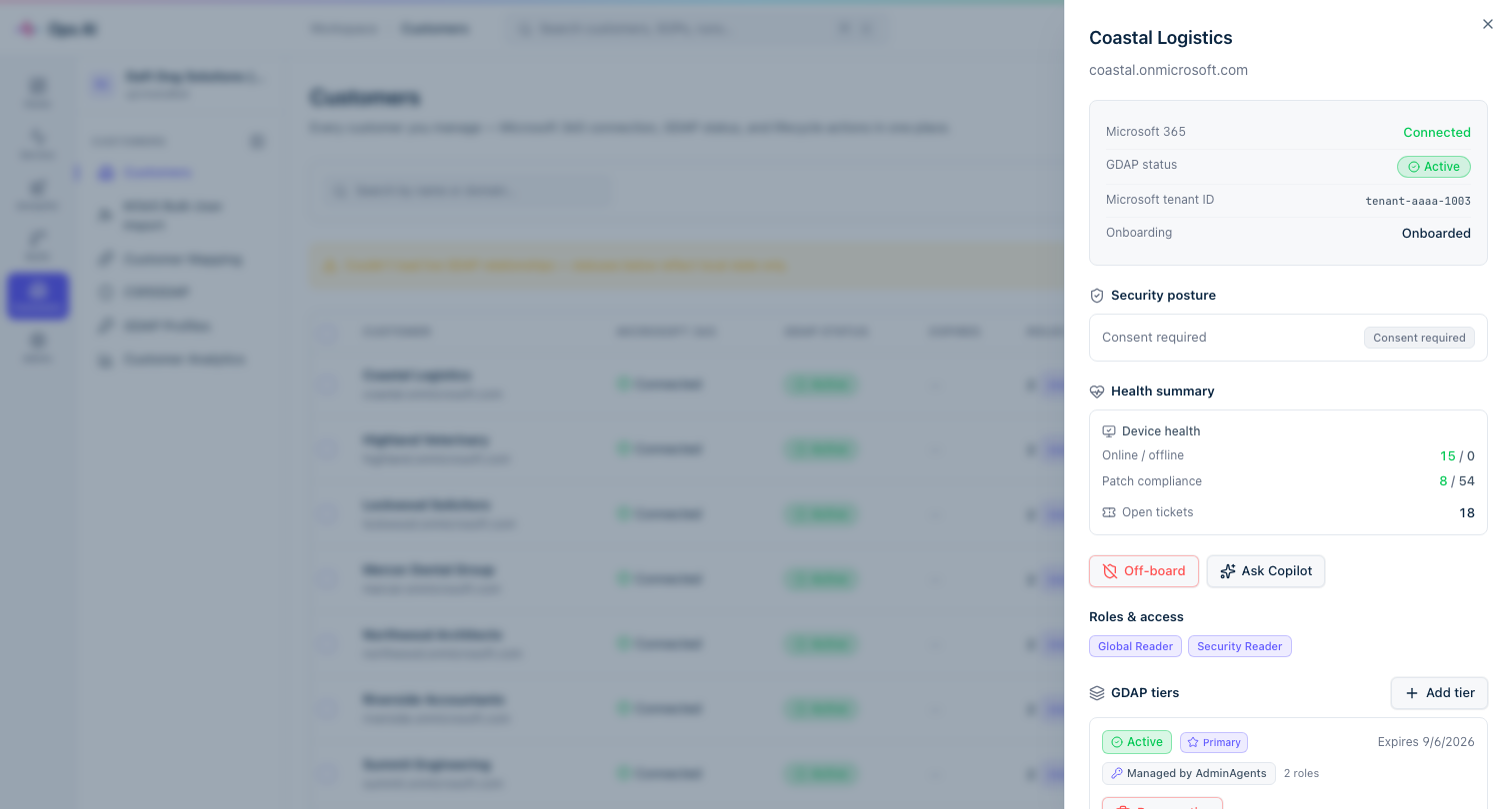 Customer detail drawer — GDAP status, Secure Score, action buttons, current relationship, roles, GDAP Tiers panel with per-tier rows, and Relationship history
