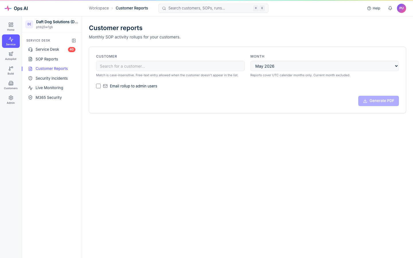 Customer Reports — generator form for a per-customer monthly SOP-activity rollup, with optional email-to-admins toggle and Generate PDF button