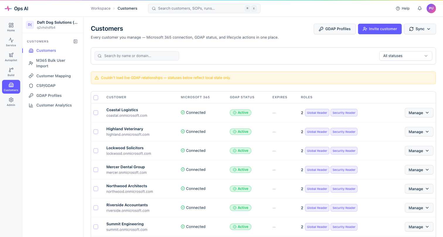 Customers page — list of M365 tenants with GDAP status, expiry, and role chips