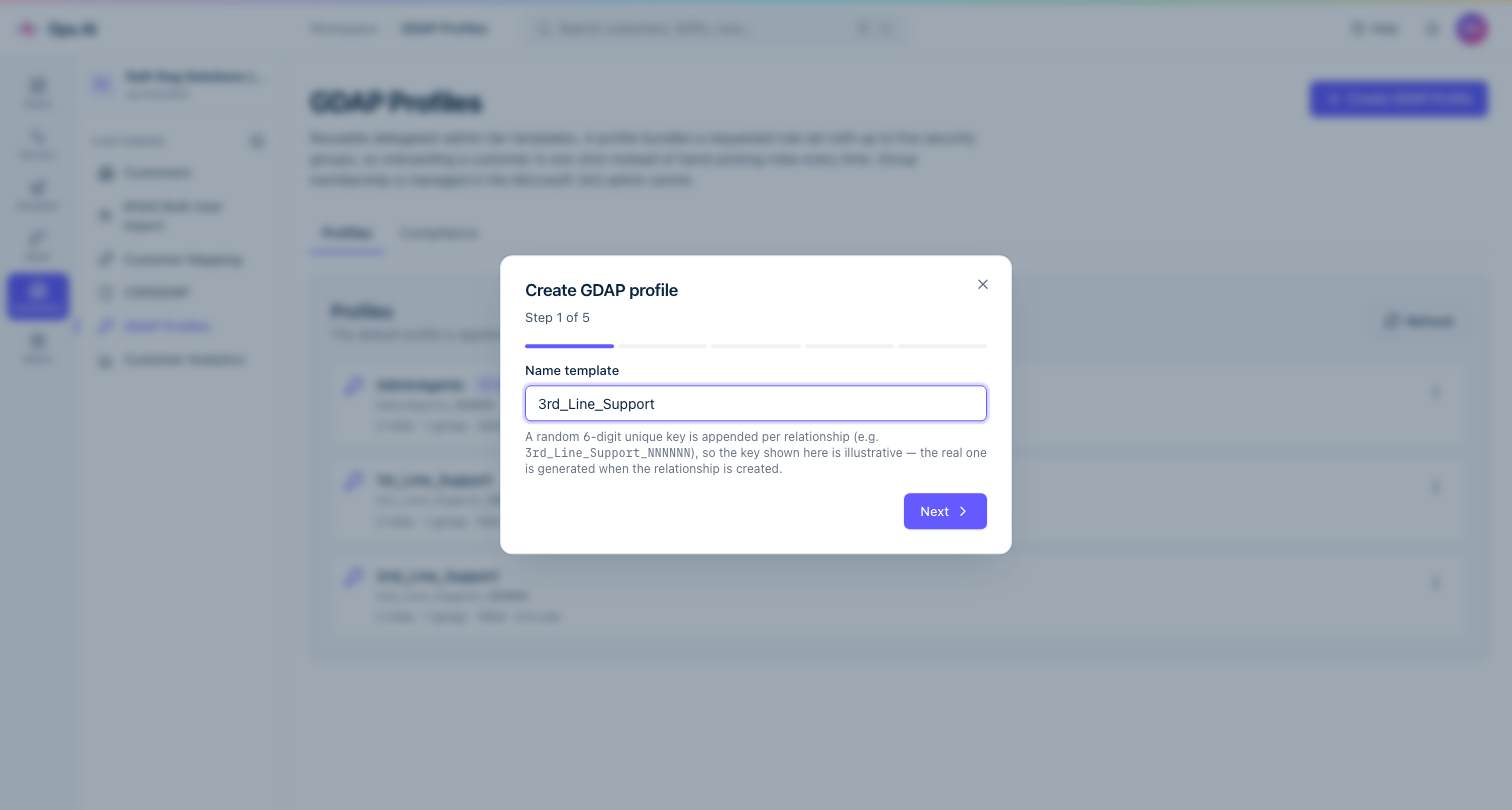 Create GDAP profile — Step 1: name template input with illustrative key suffix preview