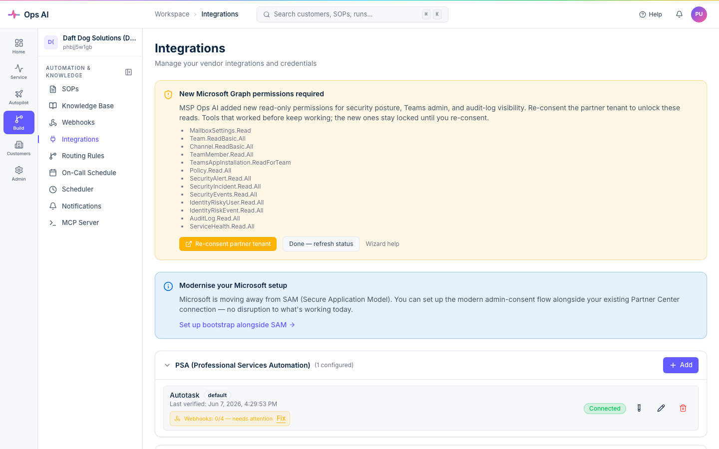 Integrations — vendor categories (PSA, RMM, Documentation, Marketplace, EDR) with one verified integration per category and a per-row Add button