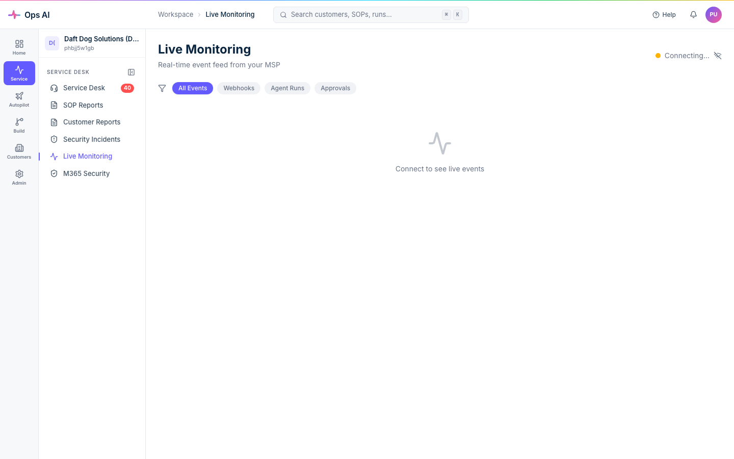 Live Monitoring — real-time event feed with All / Webhooks / Agent Runs / Approvals filters