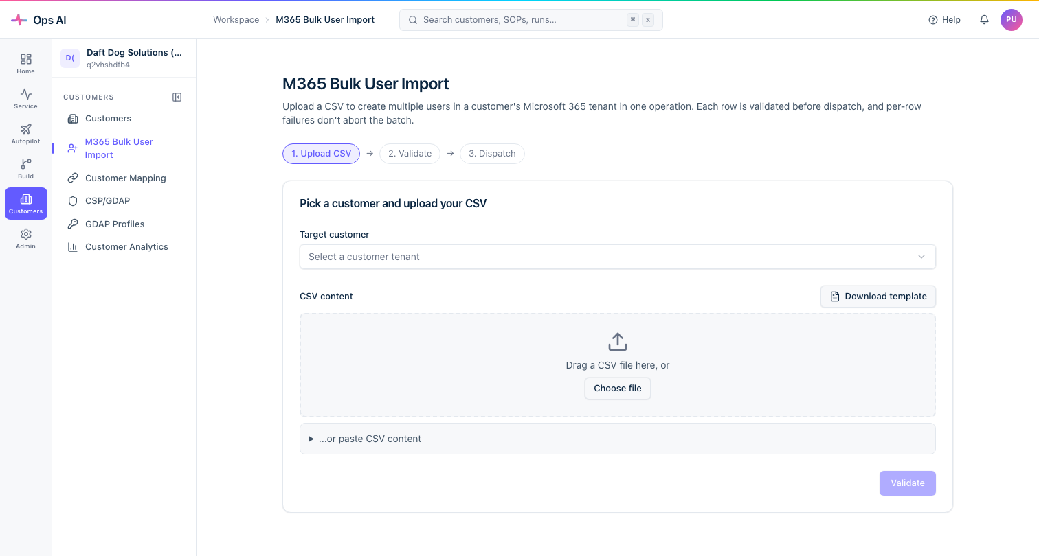 M365 Bulk User Import — customer picker showing linked/unlinked GDAP status, upload area, and column mapping table