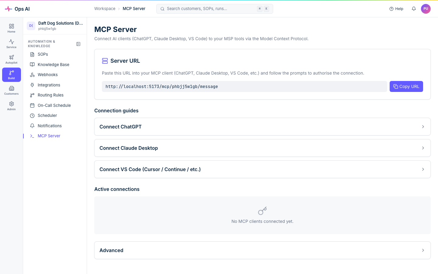 MCP Server — per-MSP server URL with Copy button, connection guides for ChatGPT / Claude Desktop / VS Code, and active connections list