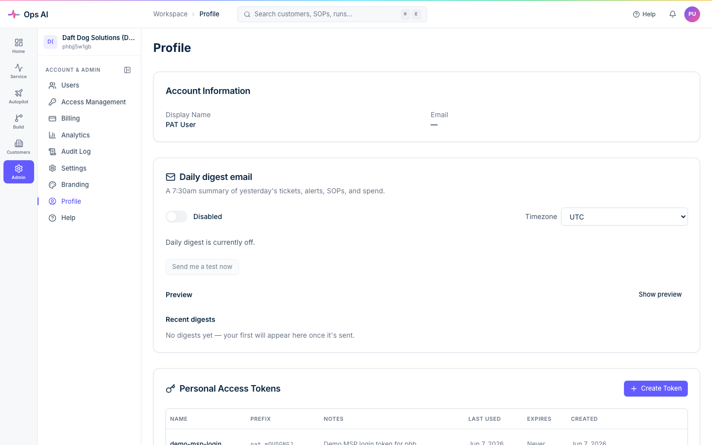 Profile — Account Information block (display name, email), Daily digest email toggle with timezone, plus Personal Access Tokens table at the bottom with a Create Token button