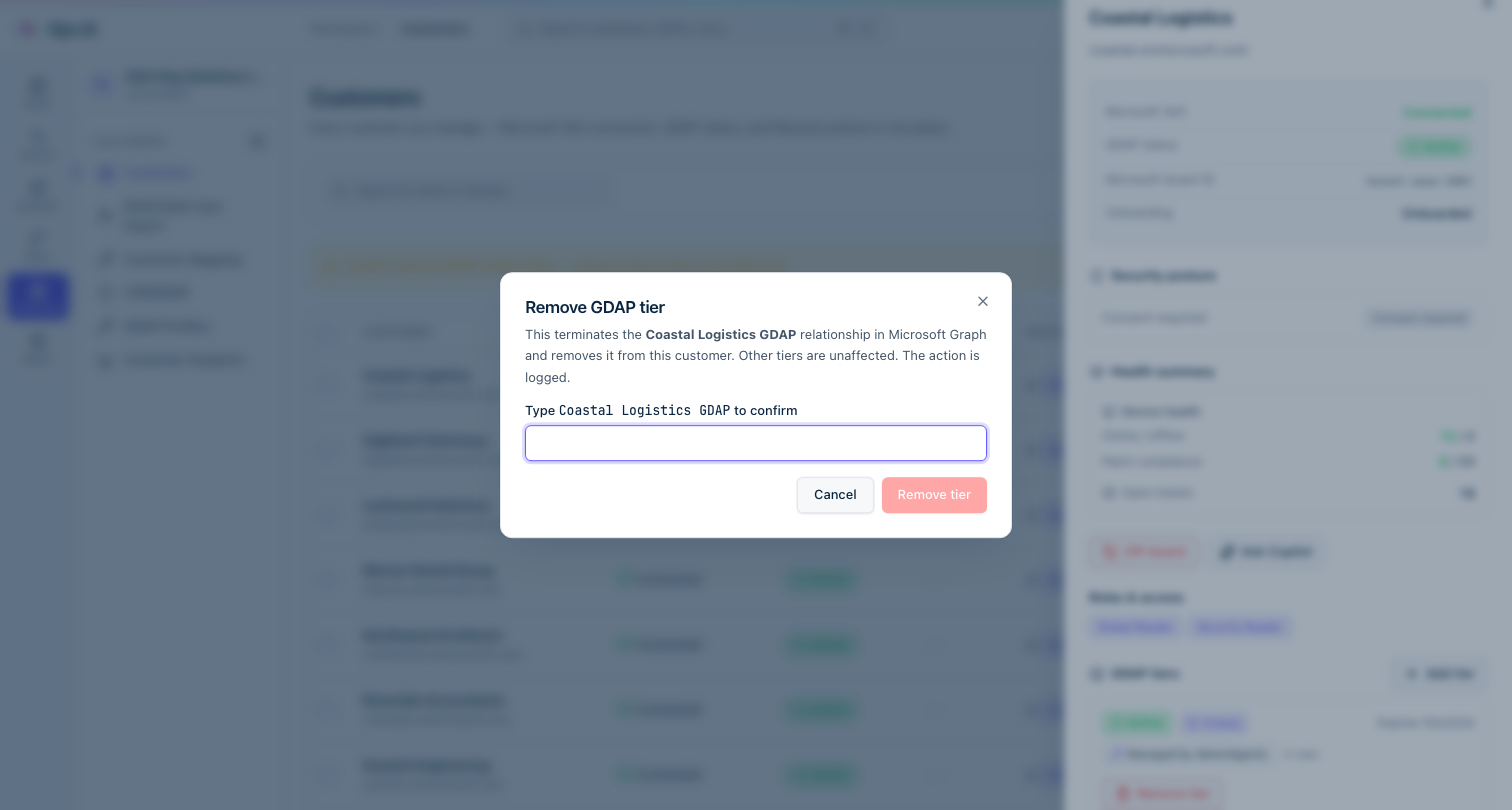Remove tier confirmation — type the relationship name to confirm termination