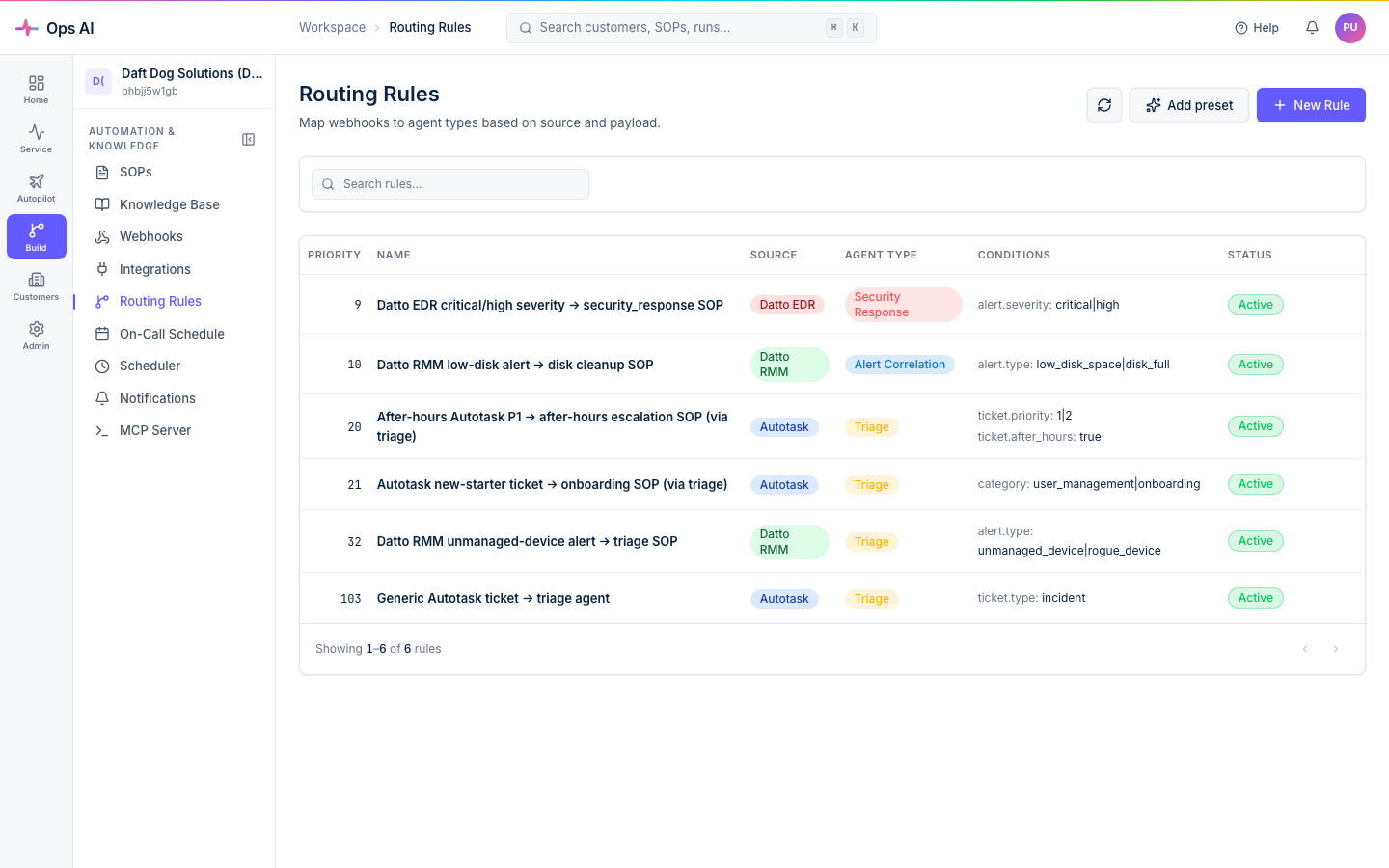 Routing rules — priority-ordered rules that map vendor webhooks to agent types and SOPs