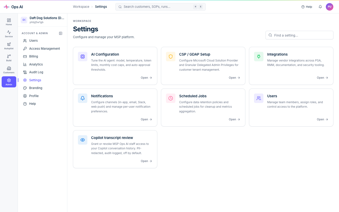 Settings hub — AI Configuration, CSP / GDAP Setup, Integrations, Notifications, Scheduled Jobs, Users, and Copilot transcript review as a grid of cards