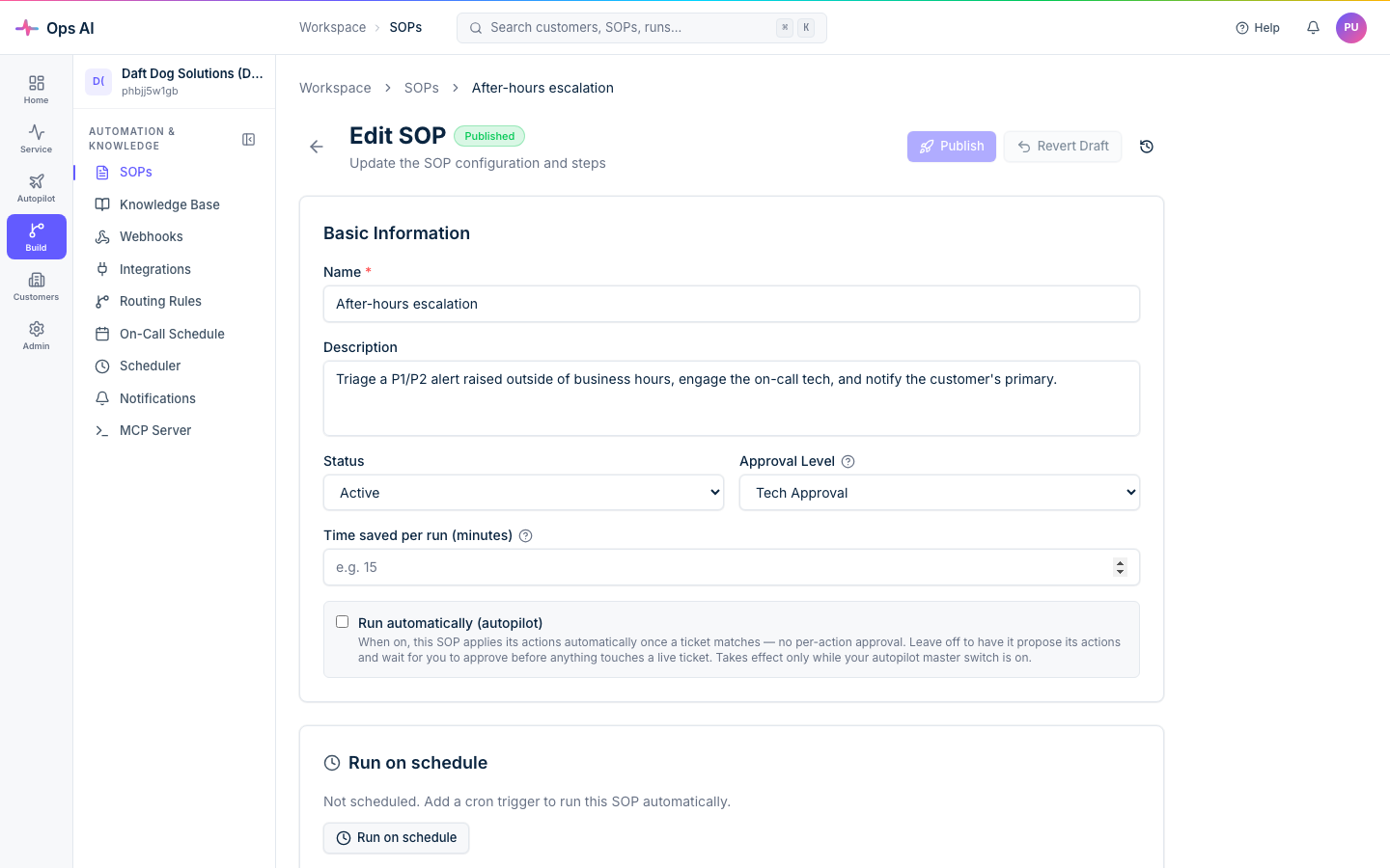 SOP editor — name, description, status, approval level, and trigger keyword chips
