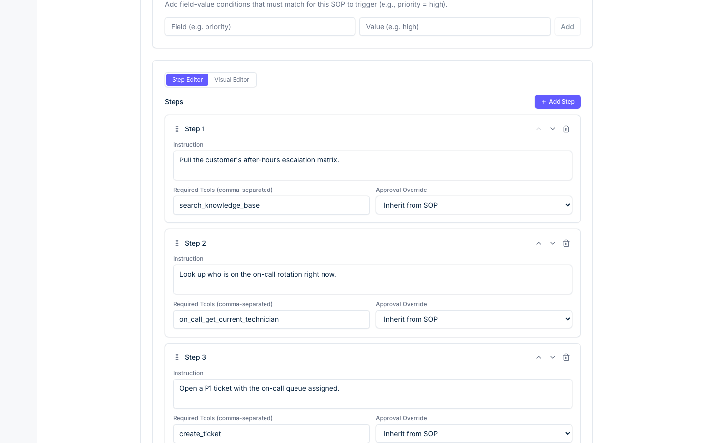 SOP Step Editor — ordered steps with instruction, required tools, and approval override