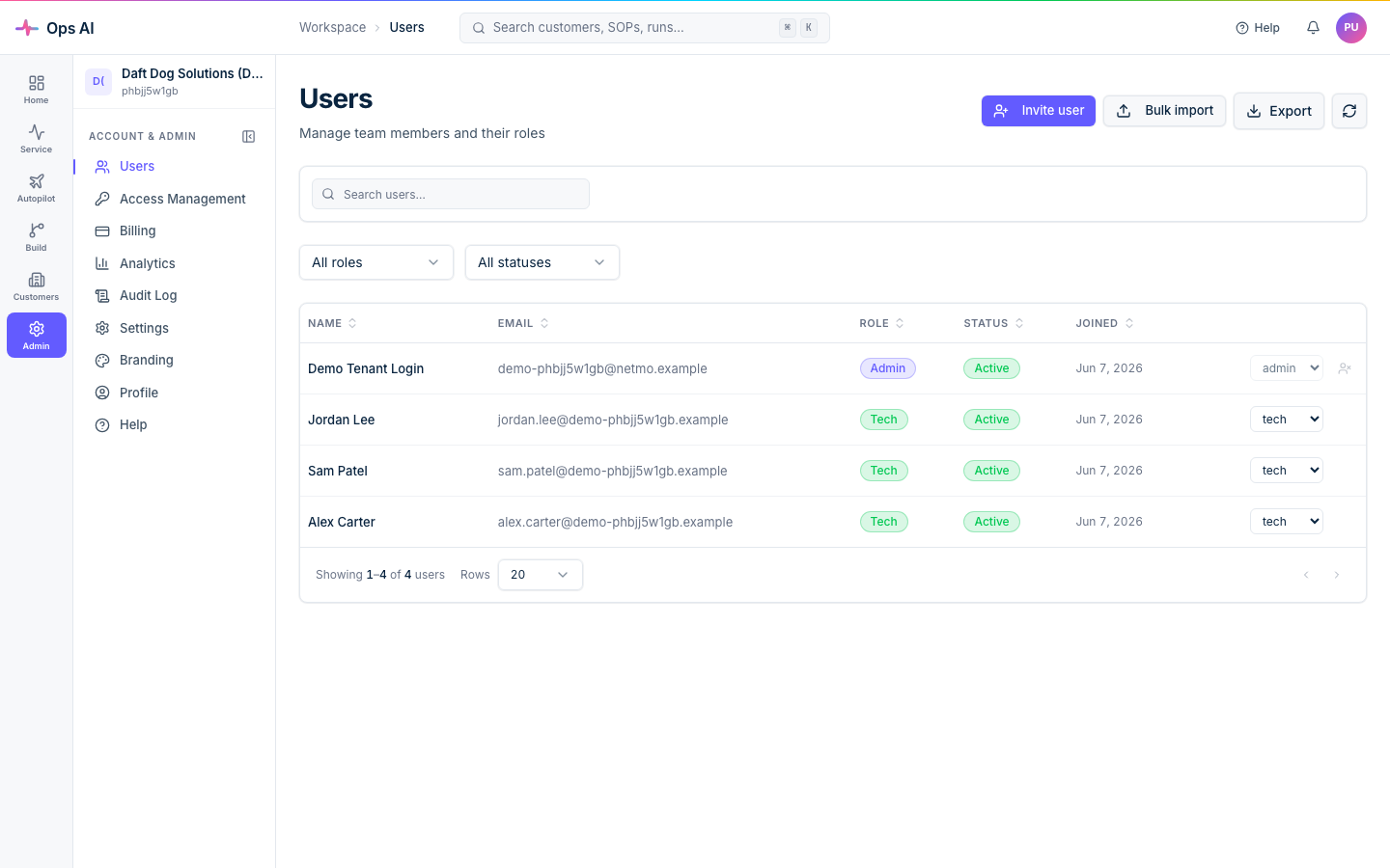 Users page — manage team members, search by name/email, change roles, and bulk import
