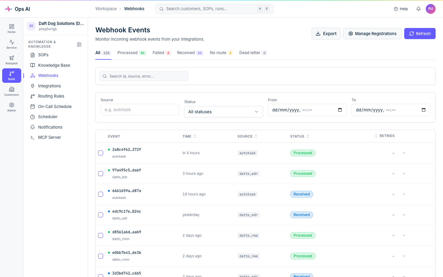 Webhook Events — counter tabs across the top of the page, plus the recent event stream with source, time, status and retries